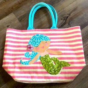 Mud Pie sequin mermaid pink and white striped tote bag